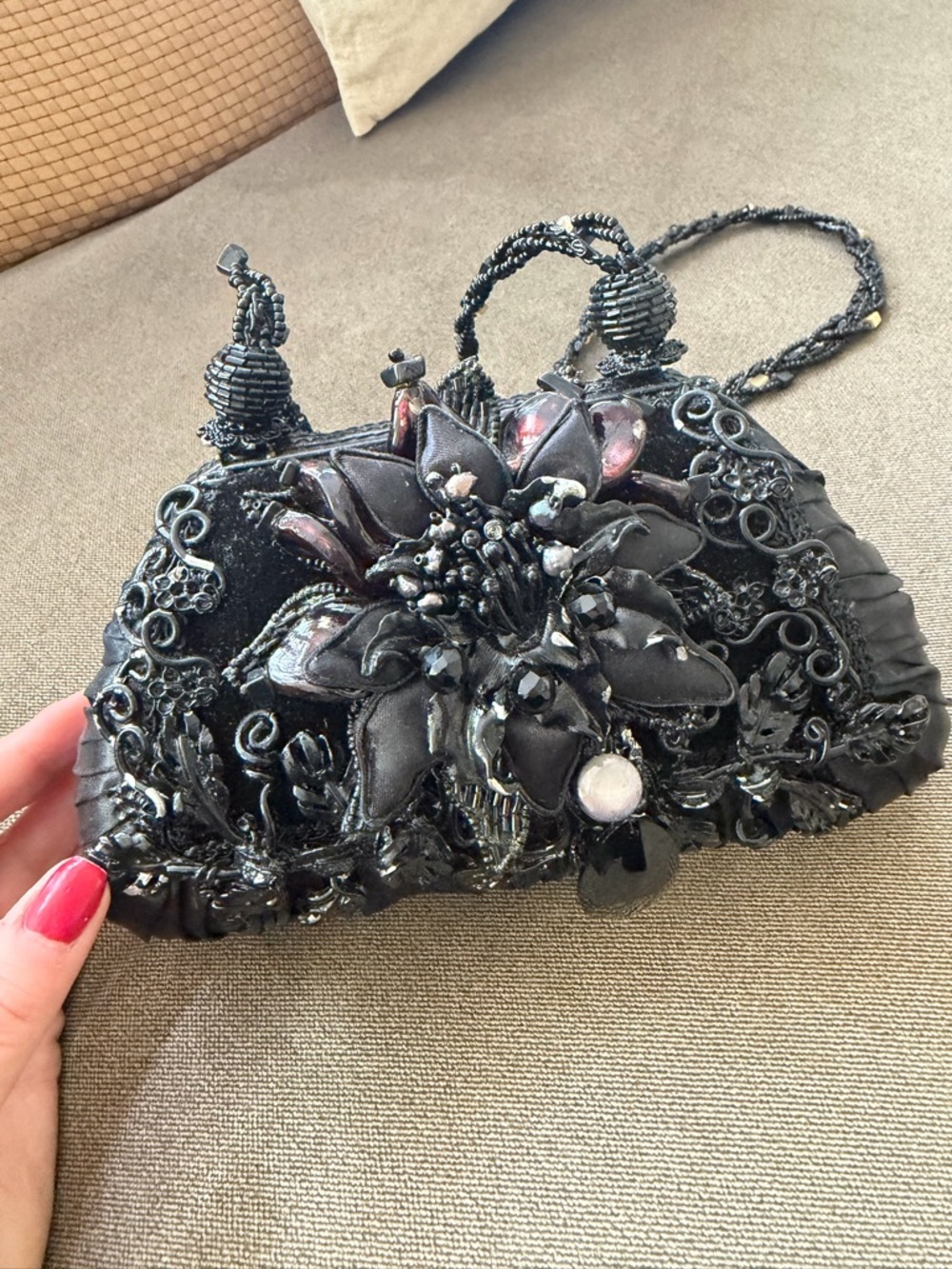 Vintage Mary Frances Black Beaded Floral Evening Clutch